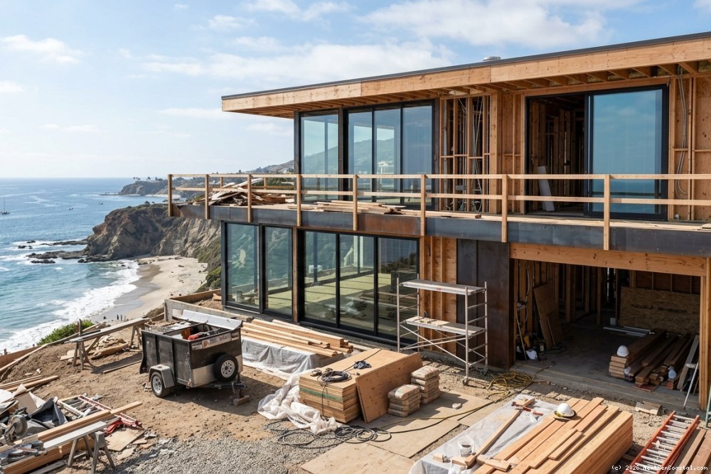 Coastal California beach house undergoing modern renovation with construction materials and ocean view