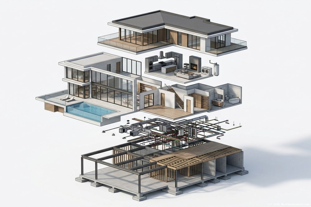 Exploded axonometric diagram of coastal home showing separated building systems and finish components