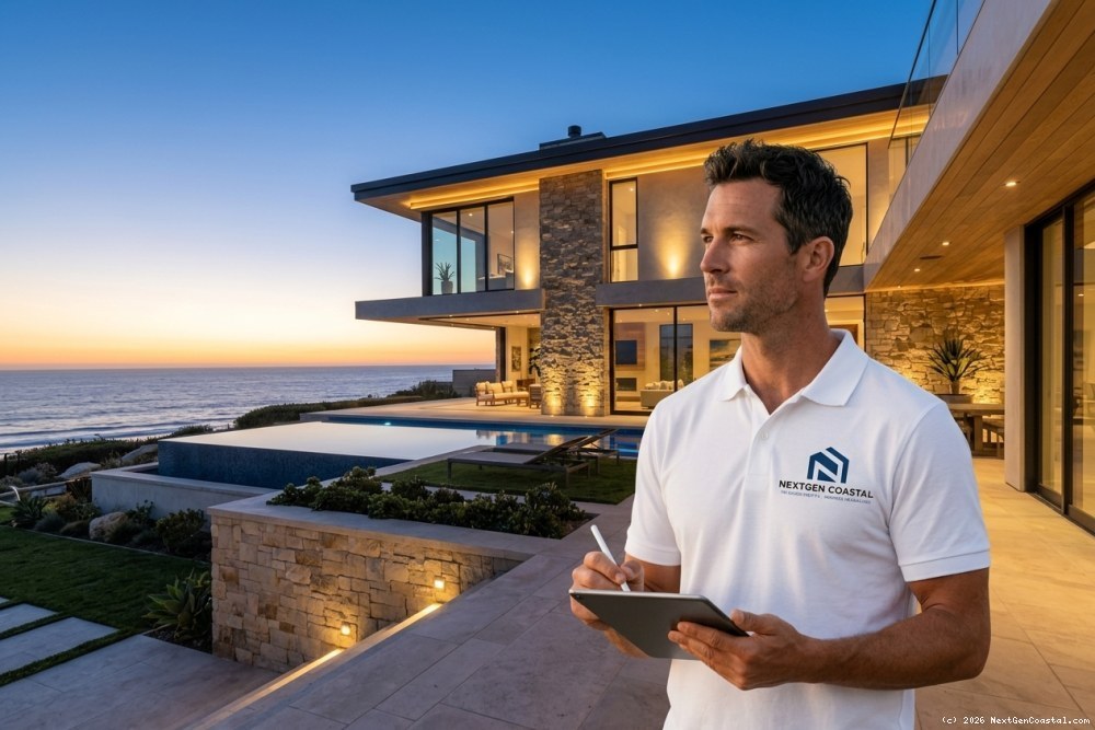 Luxury coastal single-family rental home exterior at twilight with architectural lighting and ocean view