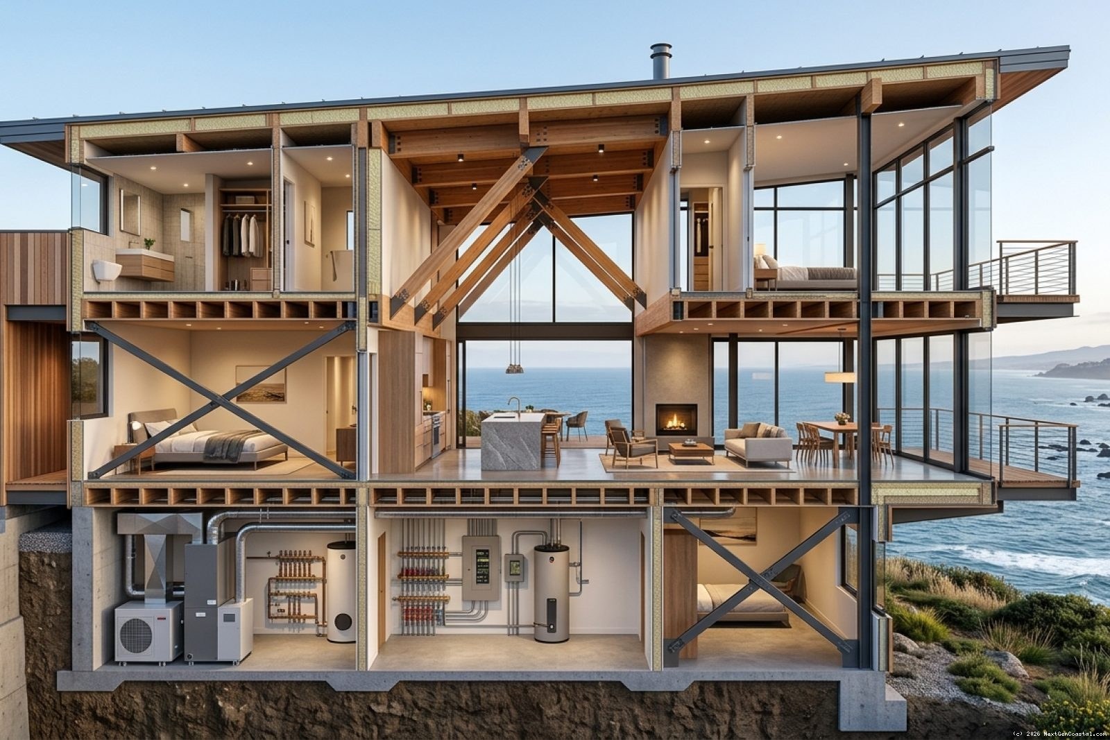 Detailed architectural cross-section view of a modern coastal single-family home showing interior systems, finishes, and structural components with ocean visible through floor-to-ceiling windows