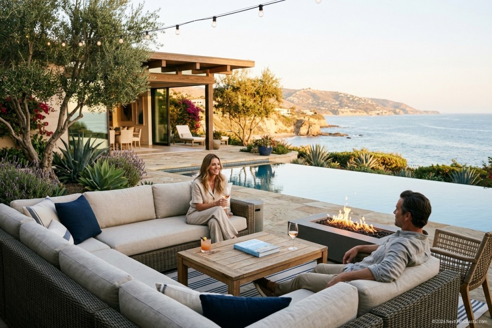 Coastal home outdoor living area with pool, built-in kitchen, and hardscaped terraces overlooking ocean