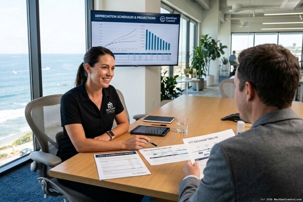 Advisor discussing tax documents with investor at coastal office