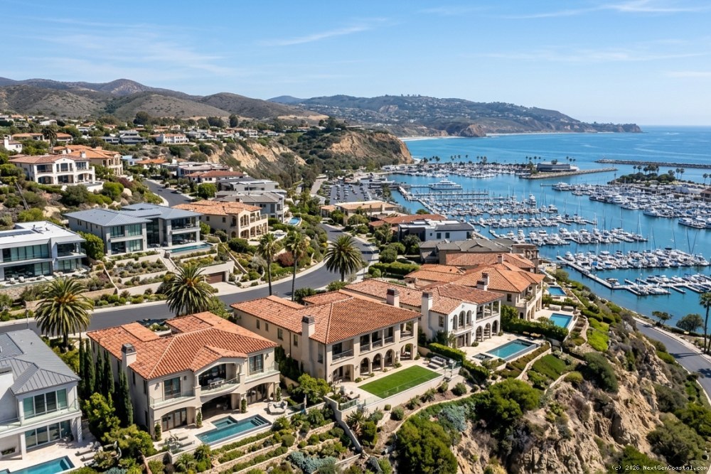 Luxury single-family homes overlooking Dana Point Harbor with sailboats and coastal hillside