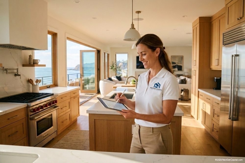 NextGen Coastal property manager in white polo conducting move-in inspection at luxury Dana Point rental