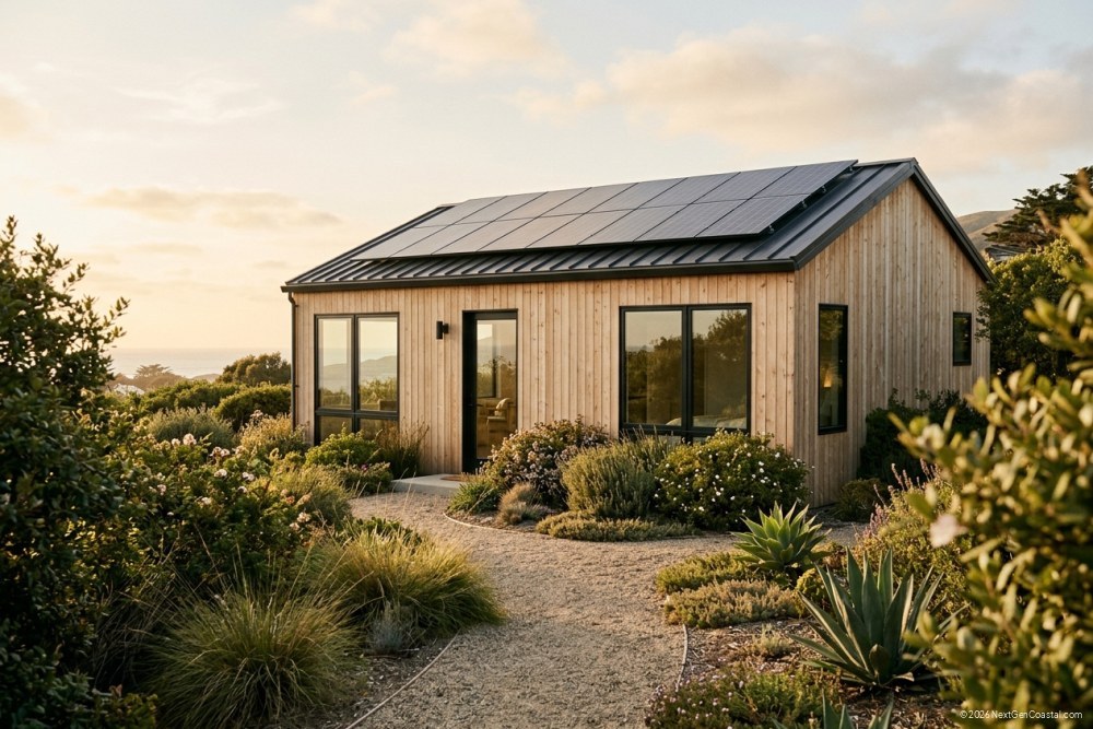 Three-quarter exterior of a newly-built detached accessory dwelling unit with rooftop solar panels, energy-efficient windows, light wood siding. Warm afternoon Pacific coastal light, mature plantings, no signage.