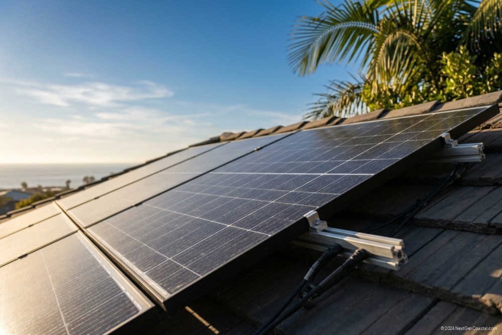 Tight detail close-up of a solar PV panel array on a coastal home rooftop with soft late-afternoon sun raking across the panels, blue sky, palm fronds in the corner, no manufacturer labels visible.