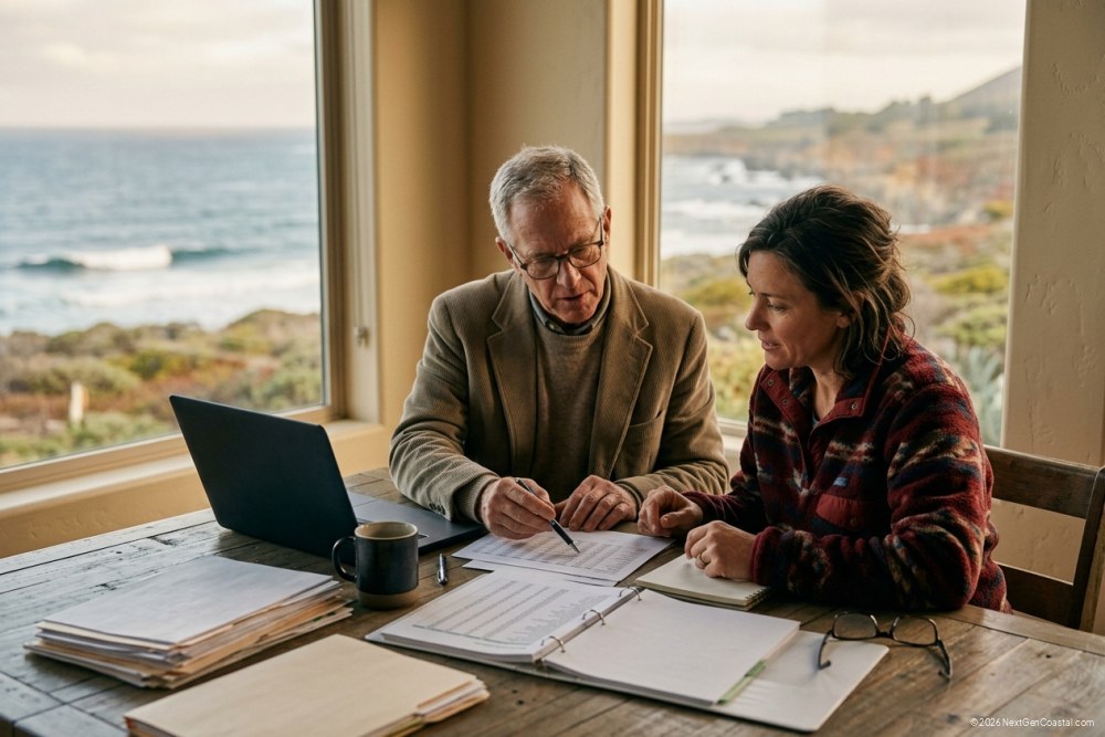 Editorial desk scene: a tax advisor and a property owner reviewing unmarked spreadsheets on a wood table, a laptop with the screen tilted away, a coffee mug, morning coastal light through a window with a blurred ocean view behind. Neutral palette, focused mood.
