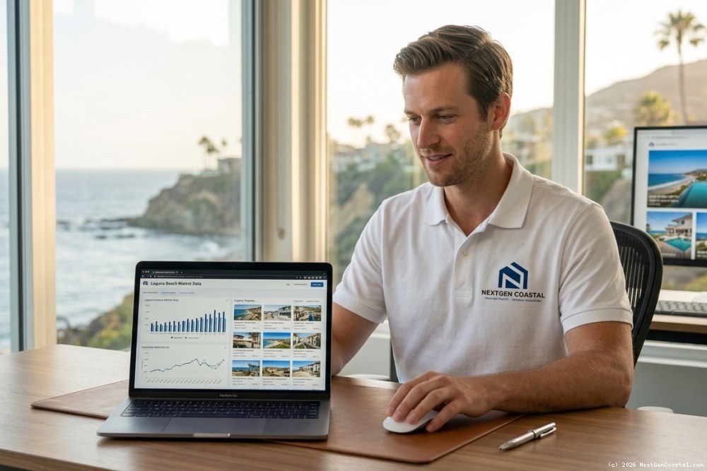 NextGen Coastal property manager in white polo shirt reviewing Laguna Beach market data on laptop at modern coastal office desk with ocean view