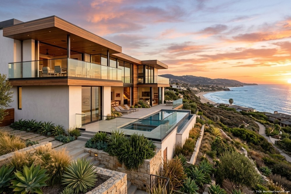 Modern hillside luxury home in Laguna Beach with floor-to-ceiling windows, tiered architecture, and panoramic coastal views at sunset