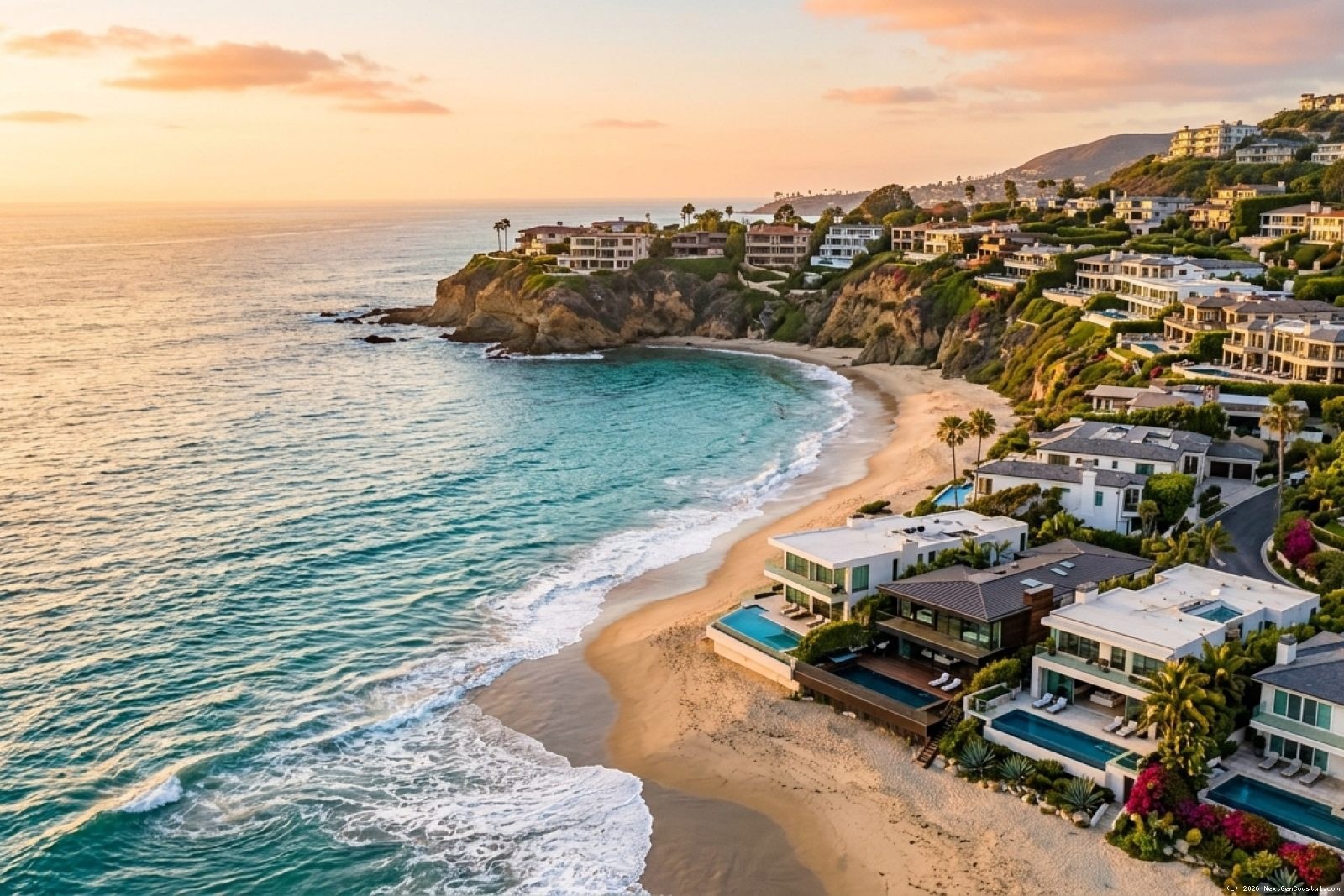 Aerial view of luxury oceanfront single-family homes along Laguna Beach coastline with turquoise Pacific waters, sandy coves, and hillside estates under clear California sky