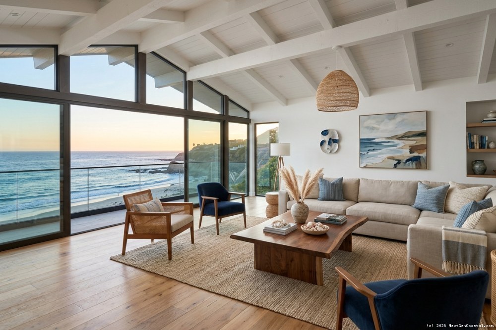 Sophisticated coastal-modern living room with vaulted ceilings, designer furnishings, ocean-view windows, and curated art in Laguna Beach luxury rental