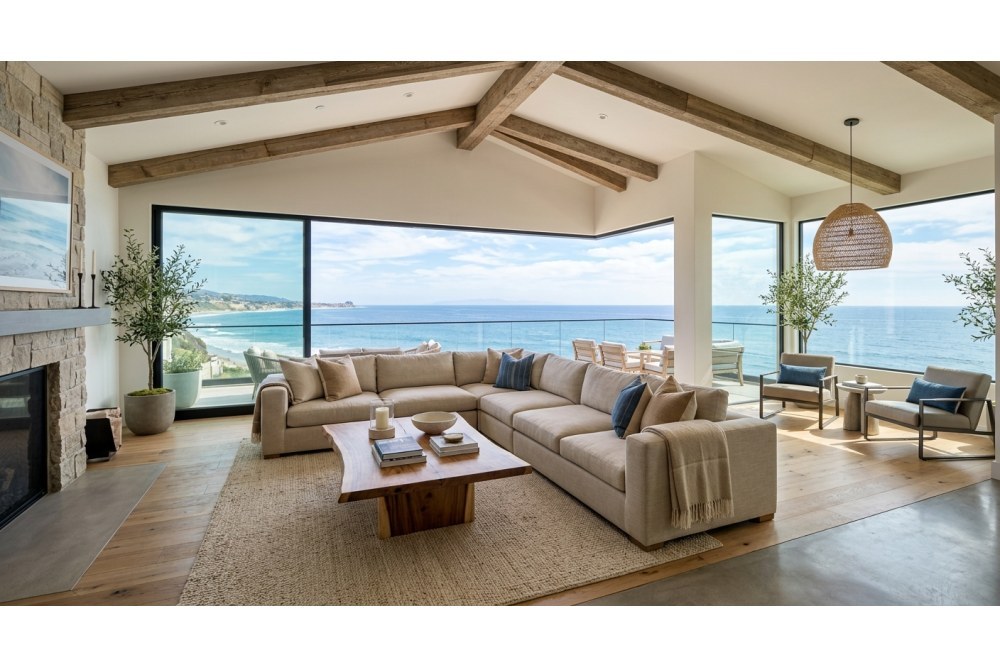 Luxury Malibu rental interior with floor-to-ceiling windows, contemporary furnishings, and ocean view