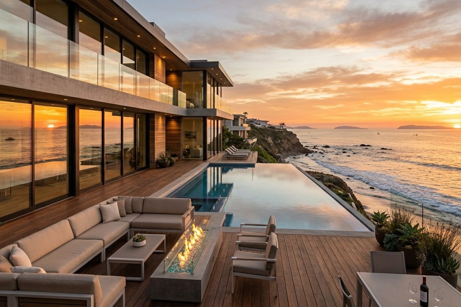 Photorealistic DSLR photograph of a modern luxury single-family home perched on a Malibu hillside with partial Pacific Ocean view in the distance, contemporary white stucco architecture with floor-to-ceiling glass, native landscaping, golden hour light, no people visible