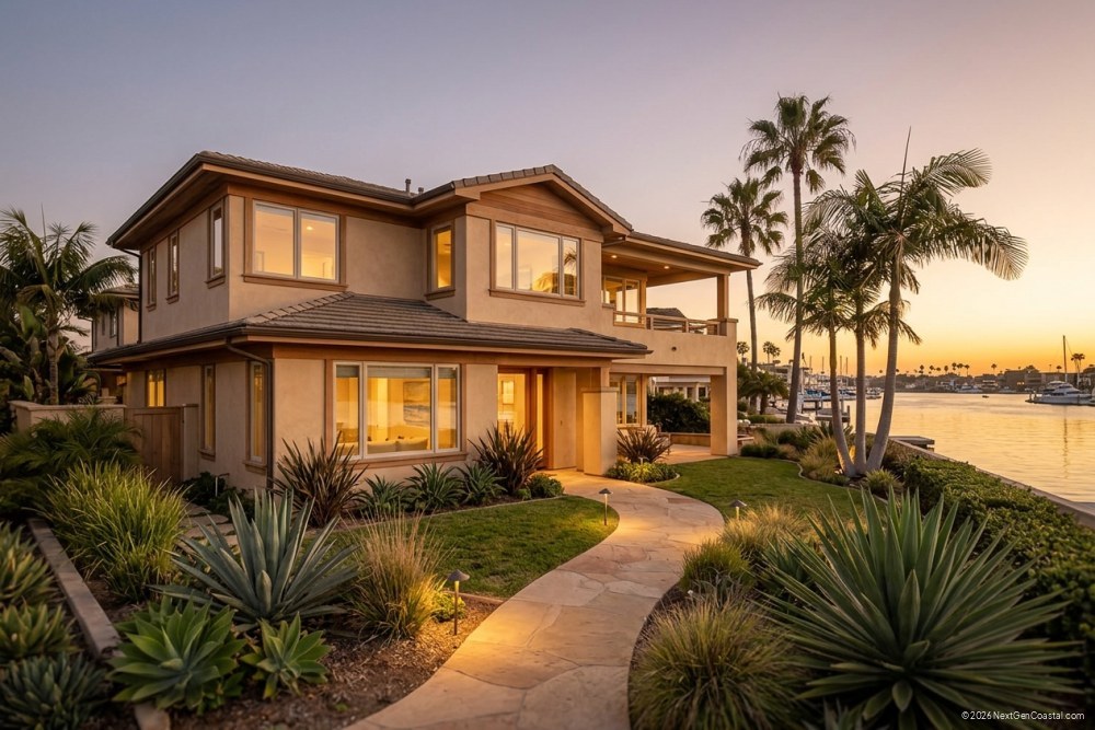 Three-quarter exterior of a Newport Beach single-family rental at twilight, warm interior window glow, manicured drought-tolerant landscaping, palm trees, sandstone walkway, no signage, calm aspirational mood.