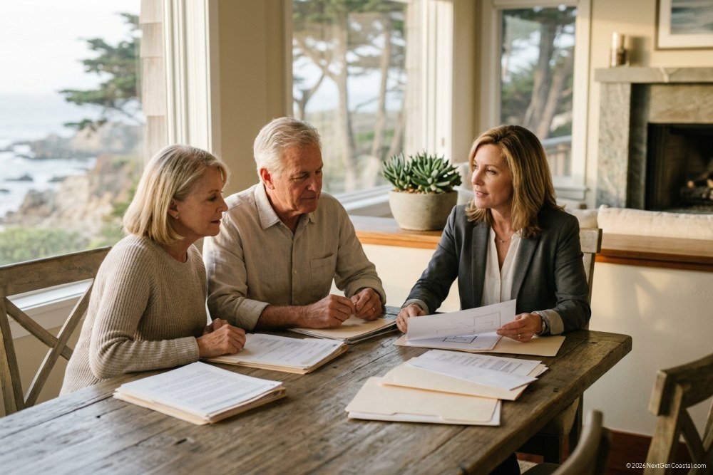 Editorial photograph of an older couple at a wood dining table with a financial advisor, all reviewing folders of unmarked paperwork, morning light through a coastal living room window, focused trust-building mood, no readable text.