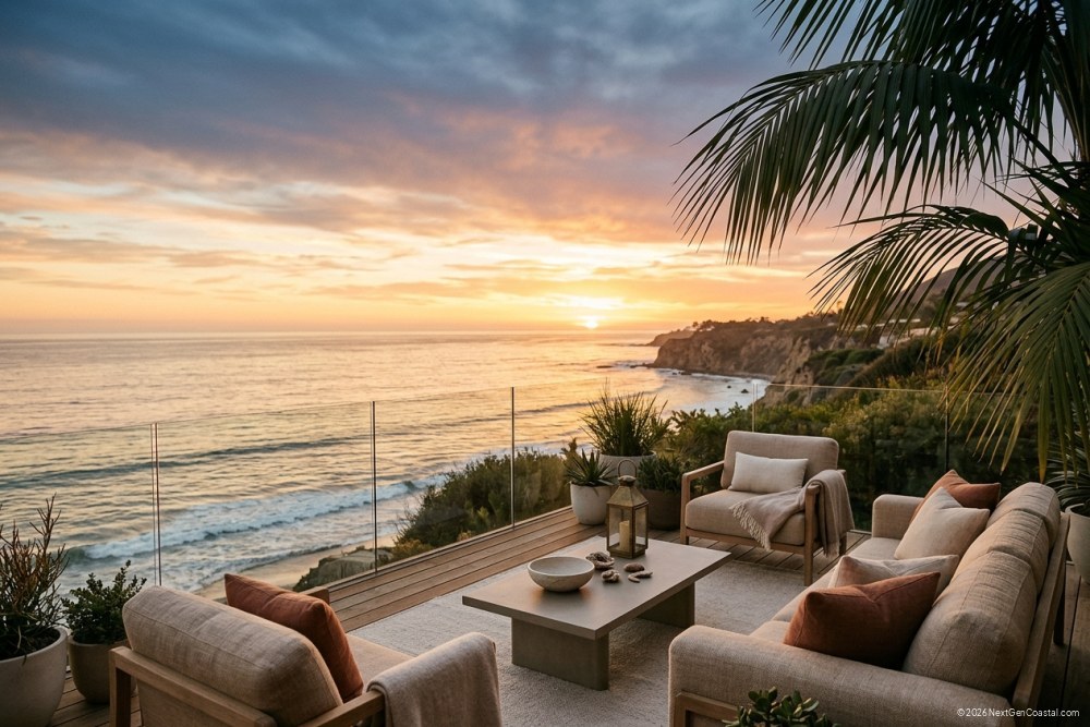 Wide editorial photograph of an oceanfront luxury home deck at sunset overlooking the Pacific, lounge furniture in warm tones, glass railing, no people, dreamlike contemplative mood, palm fronds in corner of frame.