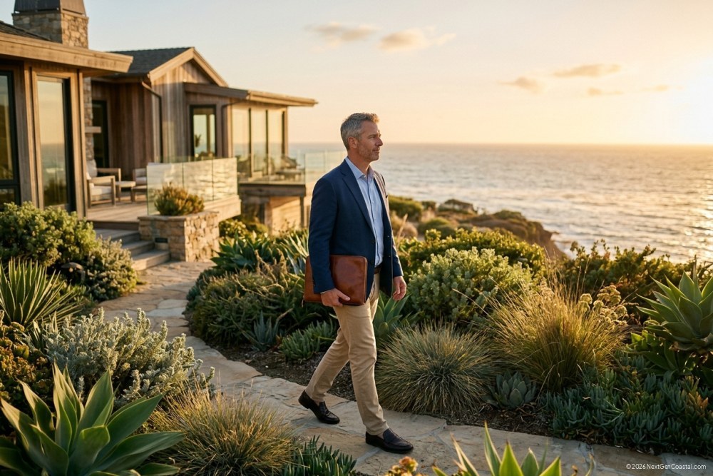 Profile shot of a property investor in business-casual walking the perimeter of a coastal single-family home at golden hour, holding a leather portfolio, lush plantings, soft warm light, no text, no signage.