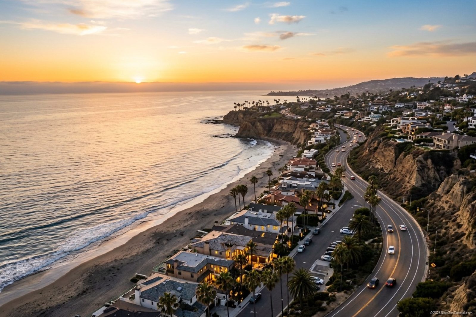 High-altitude aerial view of the Orange County coastline at sunset, Pacific Coast Highway curving along the bluffs, scattered luxury beachfront homes with warm window light, soft golden marine layer offshore, palm-lined cliffs, photorealistic editorial composition.