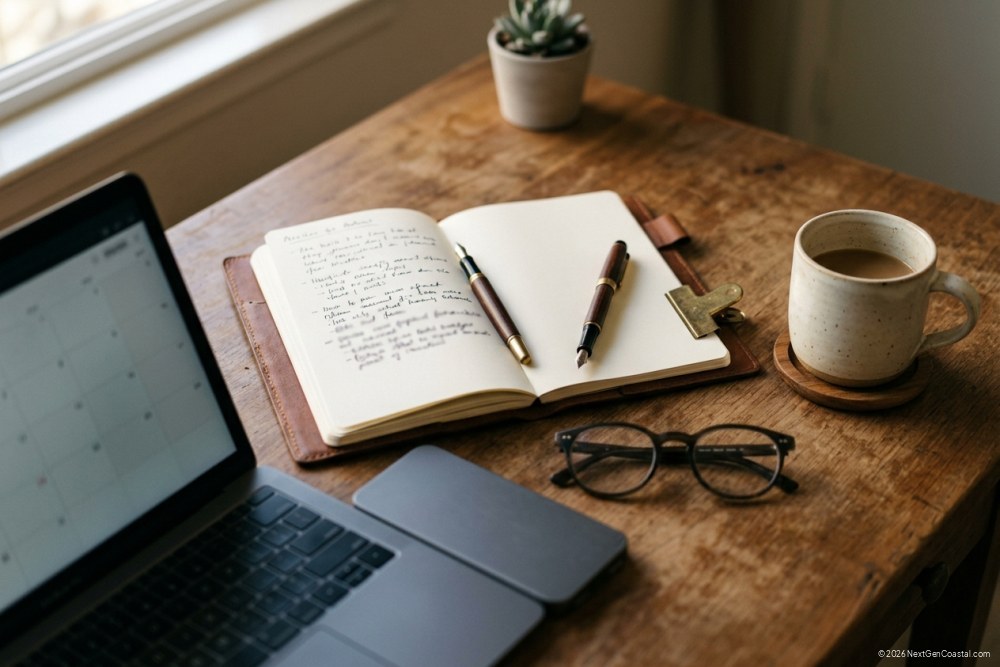 Overhead close-up of a wood desk: open leather notebook with handwriting blurred to illegibility, an unbranded laptop with a calendar grid visible but blurred, a fountain pen, a coffee mug with no marks, a pair of glasses, a small brass clip. Soft north-facing morning light through an out-of-frame window. Neutral palette, contemplative professional mood.