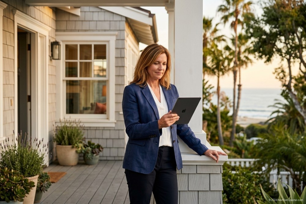 Mid-shot of a property owner in business-casual standing on the porch of a coastal single-family home, holding a tablet (screen completely blank, no UI). Late-afternoon golden California light raking across the facade, palm trees in soft focus behind. Warm and decisive mood.