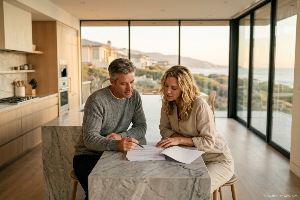 Editorial photograph of a couple at a marble kitchen island in a coastal home, reviewing a stack of unbranded paperwork (every printed page blurred, no readable type). Morning Pacific light through floor-to-ceiling glass behind them, neutral palette, focused collaborative mood.
