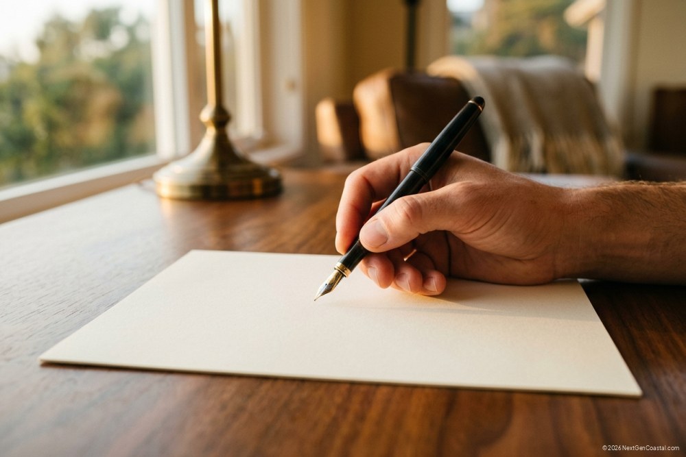 Close-up of a hand holding a fountain pen poised over an unmarked sheet of paper on a wood desk. The sheet has no readable text, no fields, no header. Soft window light from the left, blurred warm coastal interior in the background.