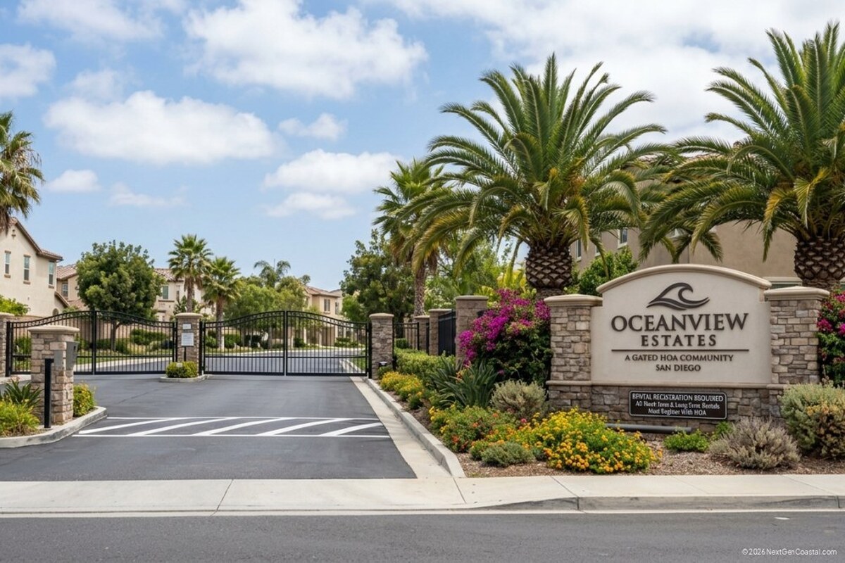 San Diego coastal HOA community of single-family homes with rental-cap signage