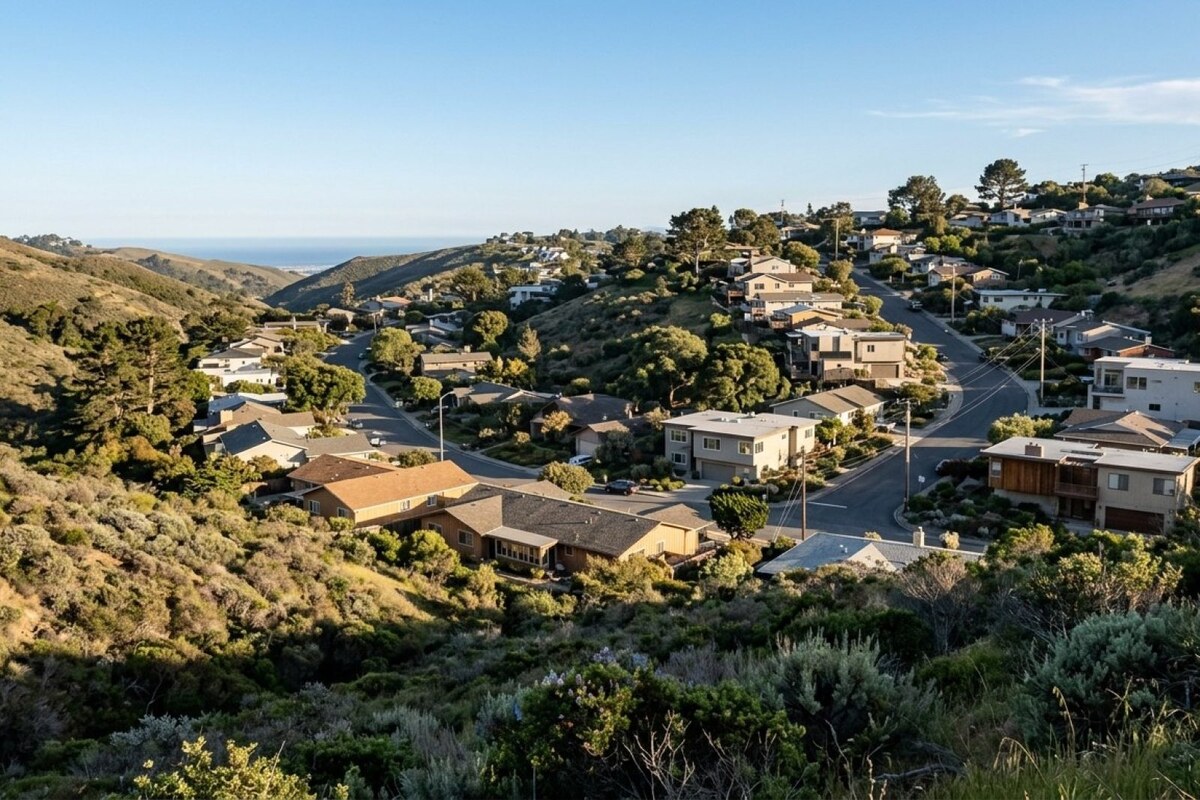 Hillside coastal California neighborhood with mixed single-family homes on sloped terrain, distant partial ocean view