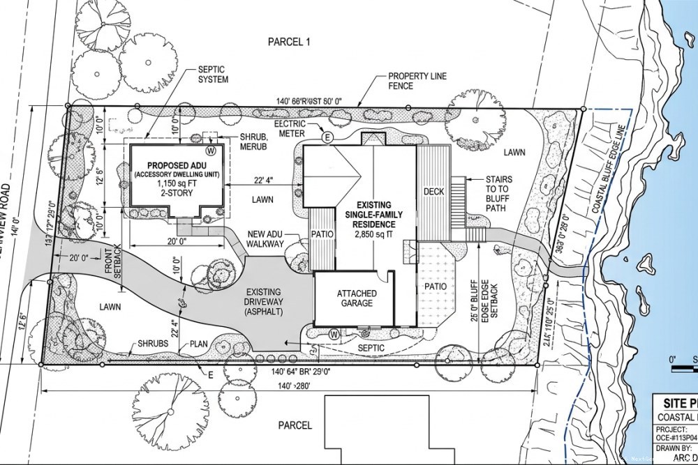 Architectural site plan showing ADU placement with setback measurements, coastal bluff setback line, and primary residence