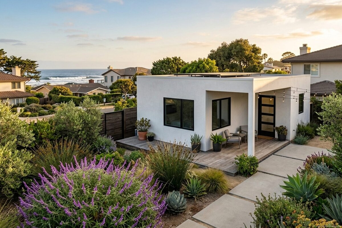 Modern detached ADU with white stucco exterior in Ventura County