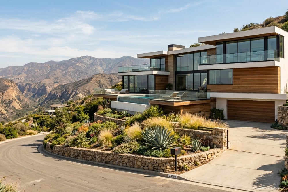 Modern luxury hillside home in Malibu with native landscaping and mountain backdrop