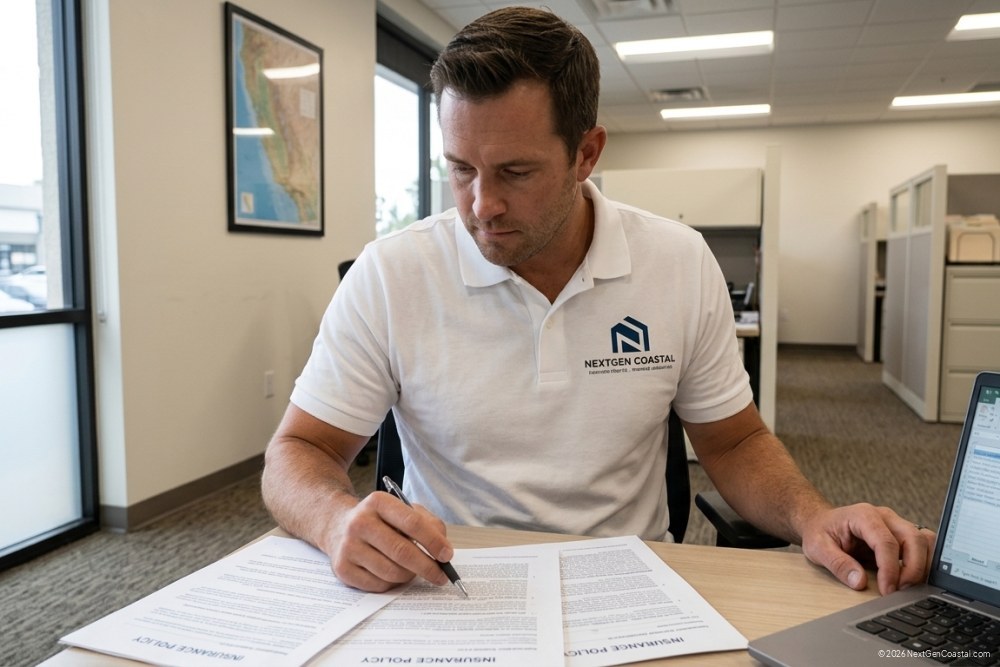 NextGen Coastal property manager in white polo reviewing insurance policy documents at desk with laptop