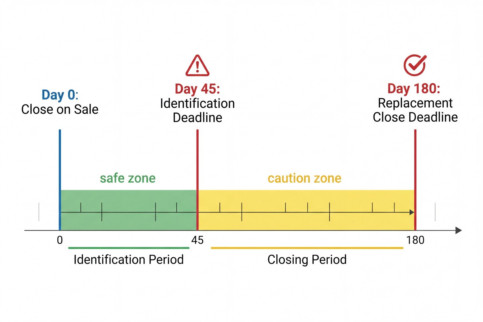 1031 exchange timeline showing the 45-day identification and 180-day closing deadlines