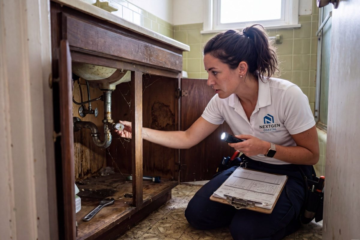 NextGen Coastal maintenance technician in white polo inspecting corroded angle stop valve under bathroom sink in 1970s coastal apartment building