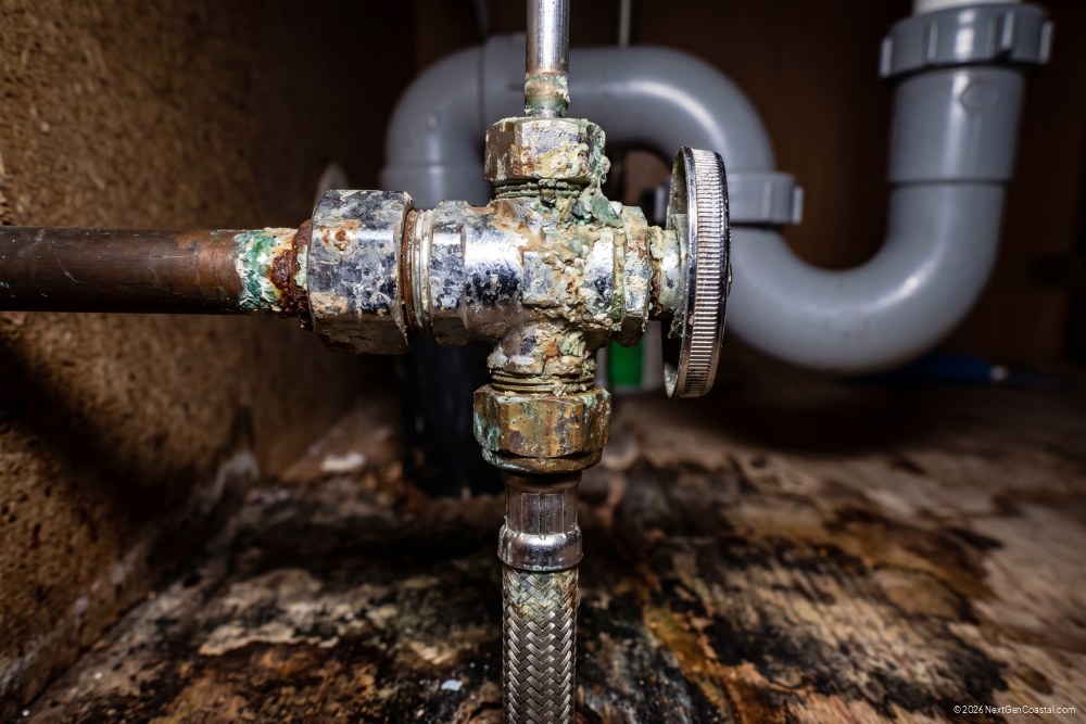 Corroded angle stop valve under bathroom sink showing water stains and mineral deposits on chrome finish