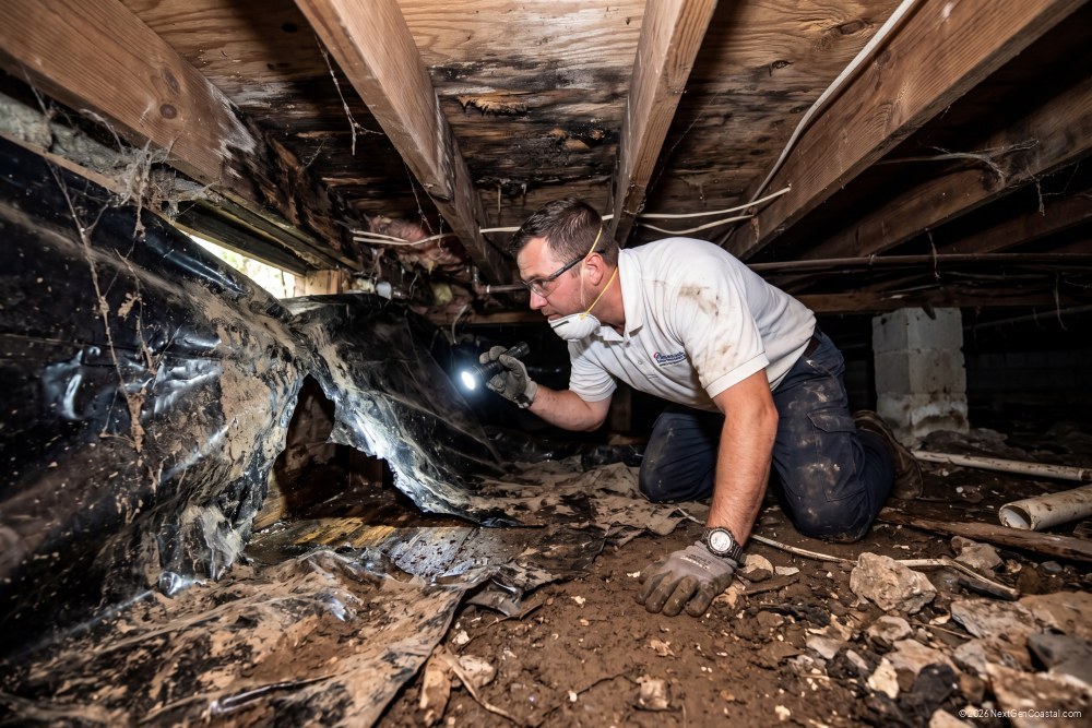 Maintenance technician in crawlspace inspecting vapor barrier and floor joists with flashlight