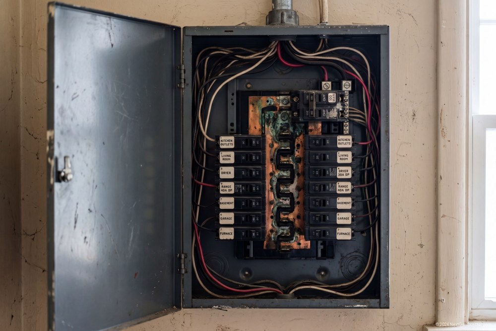 Open electrical breaker panel showing bus bars and circuit breakers in 1970s apartment building