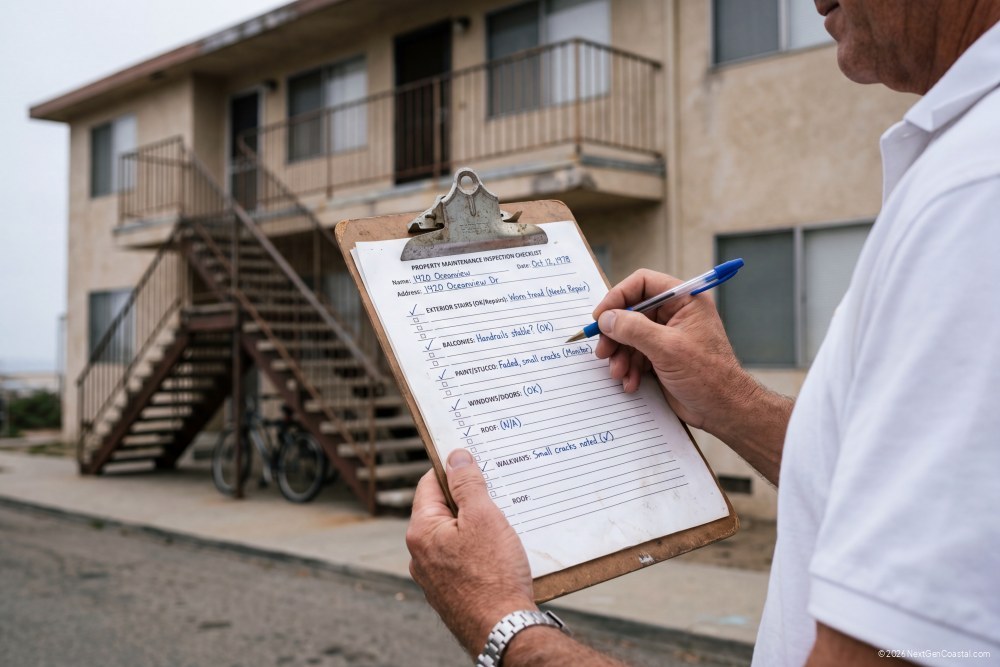 Maintenance inspection checklist on clipboard with building exterior in background