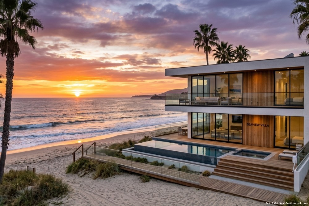 Luxury beachfront vacation rental exterior at sunset with modern architecture and ocean views