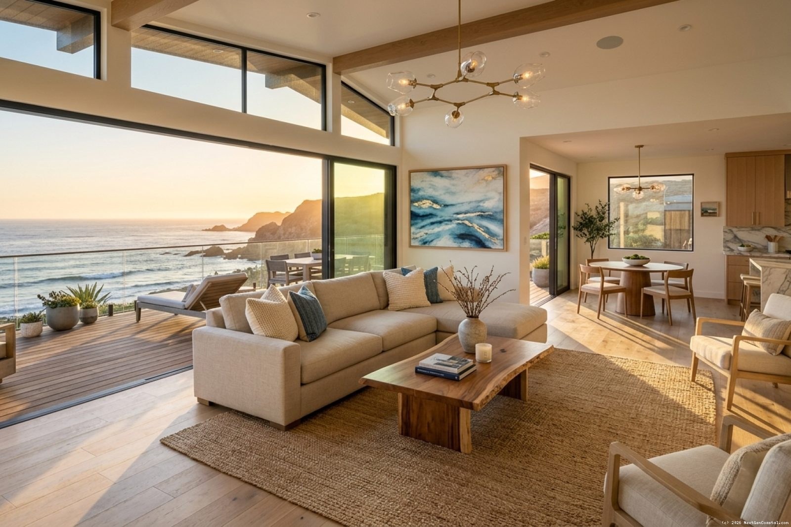 Modern coastal luxury rental living room with floor-to-ceiling windows overlooking the Pacific Ocean at sunset, premium furnishings and open-concept design showcasing high-end vacation rental interior