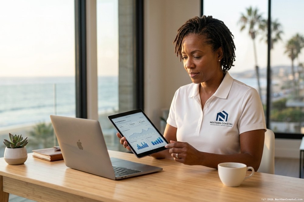 Property manager in white NextGen Coastal polo shirt reviewing dynamic pricing analytics on tablet in modern office