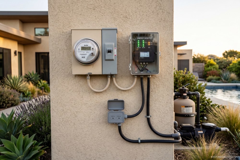 Coastal California vacation rental exterior with smart electric meter and energy monitoring panel