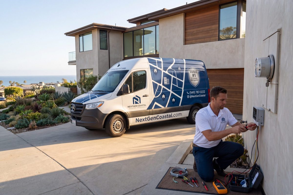 NextGen Coastal service van parked in driveway of modern coastal California vacation rental home with technician installing smart energy monitoring equipment on exterior wall
