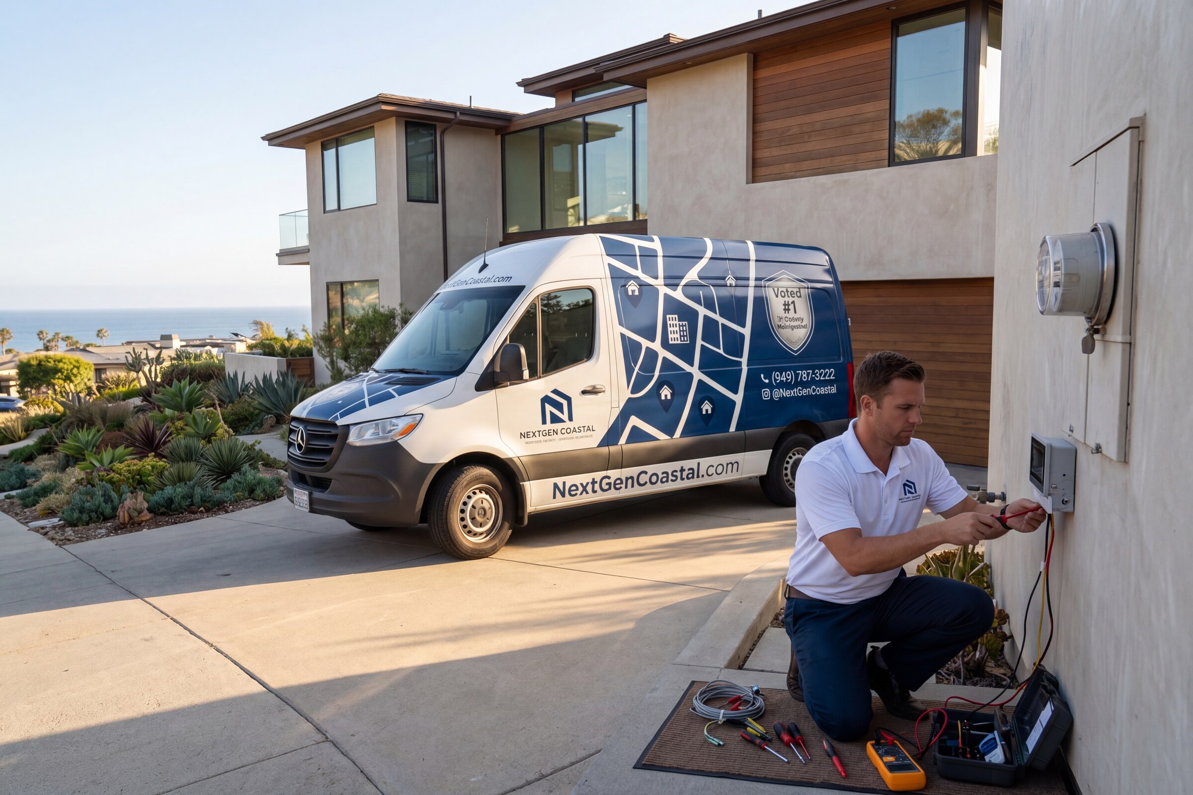 NextGen Coastal service van parked in driveway of modern coastal California vacation rental home with technician installing smart energy monitoring equipment on exterior wall