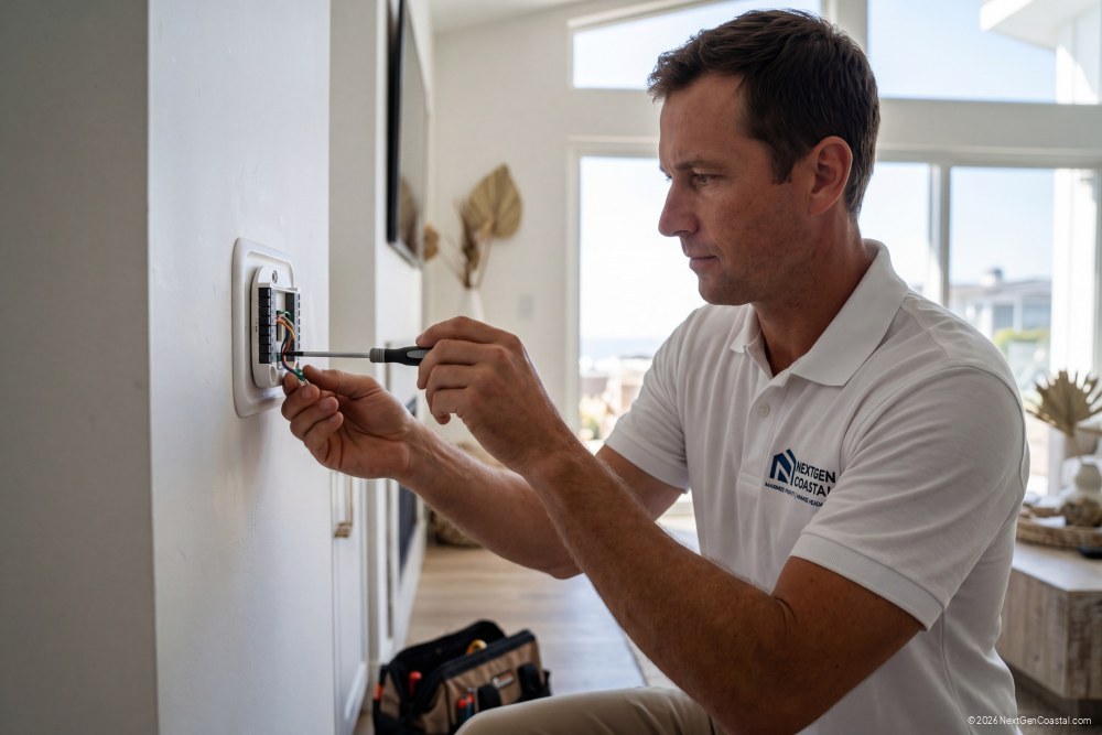 NextGen Coastal technician in white polo installing smart thermostat on interior wall of coastal vacation rental living room