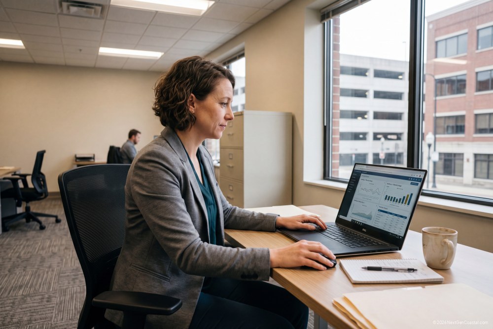 Property manager at desk reviewing energy consumption analytics on laptop screen showing real-time data from multiple vacation rental properties