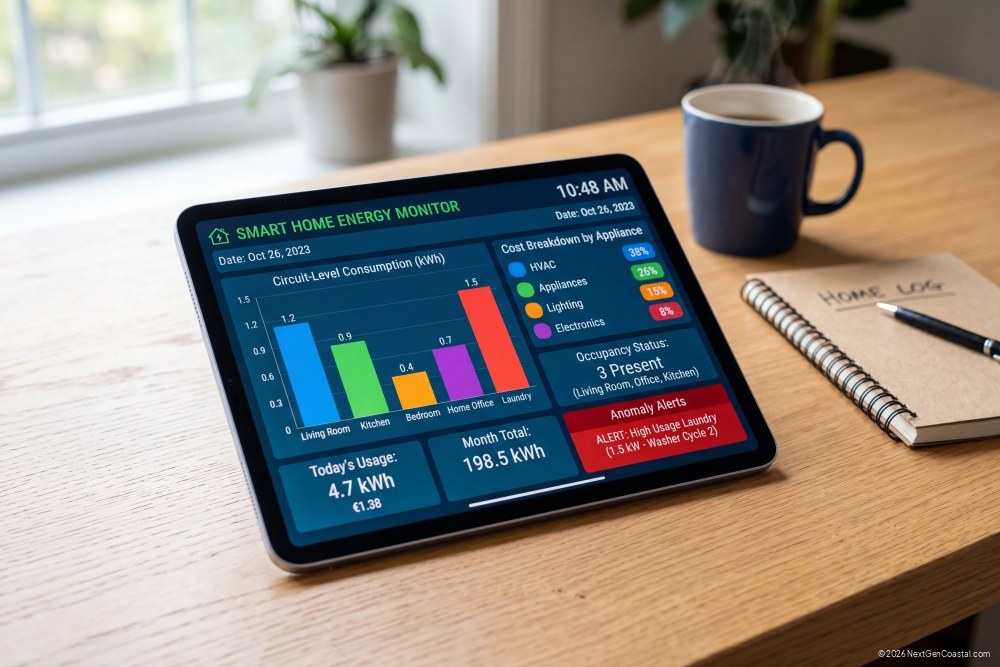 Tablet displaying real-time energy monitoring dashboard with circuit-level consumption data and cost breakdown for vacation rental property