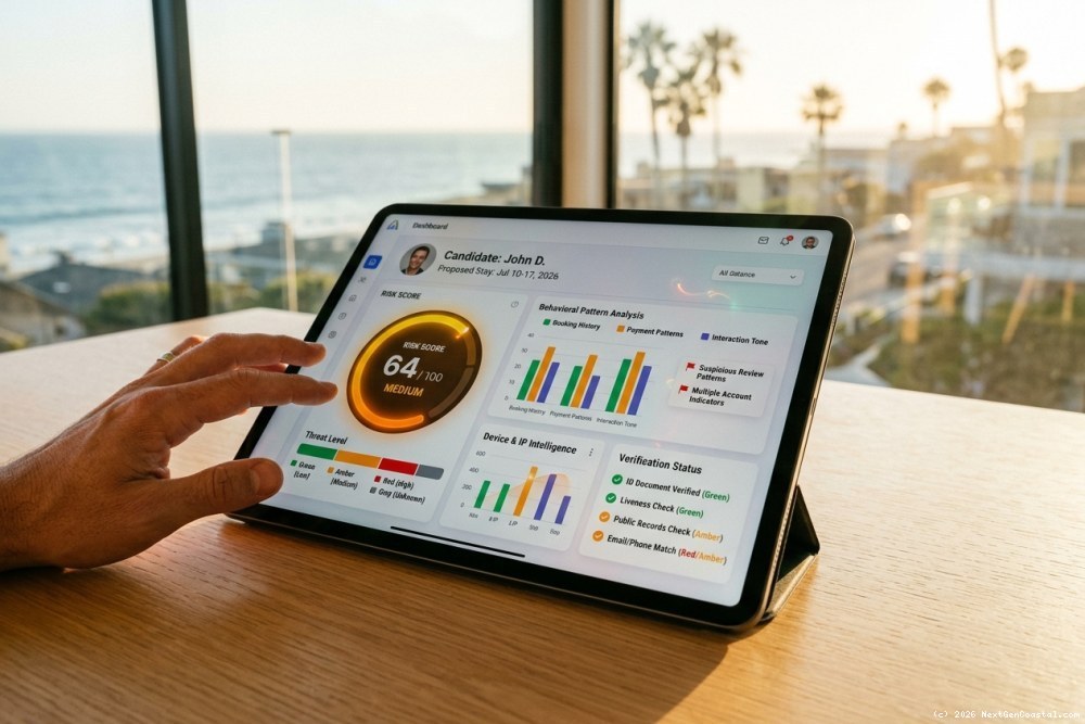 Close-up of AI guest screening dashboard displaying risk score visualization with color-coded threat levels, behavioral pattern graphs, and verification status indicators for coastal vacation rental