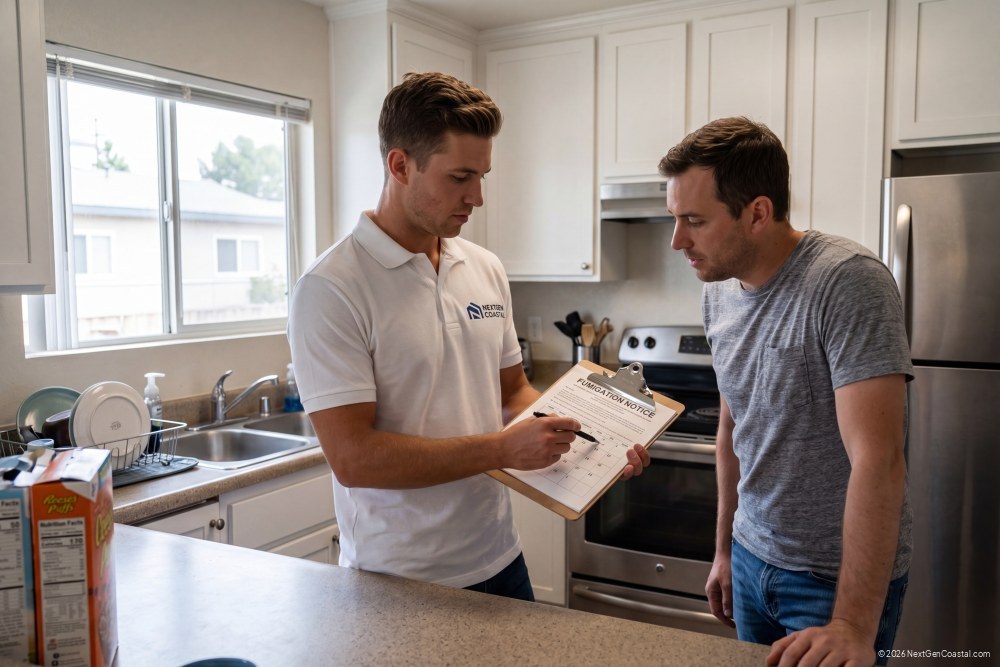 Property manager discussing fumigation timeline and hotel costs with a tenant