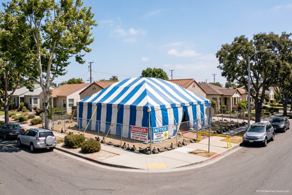 Residential fumigation tent covering single-family rental home in coastal California neighborhood